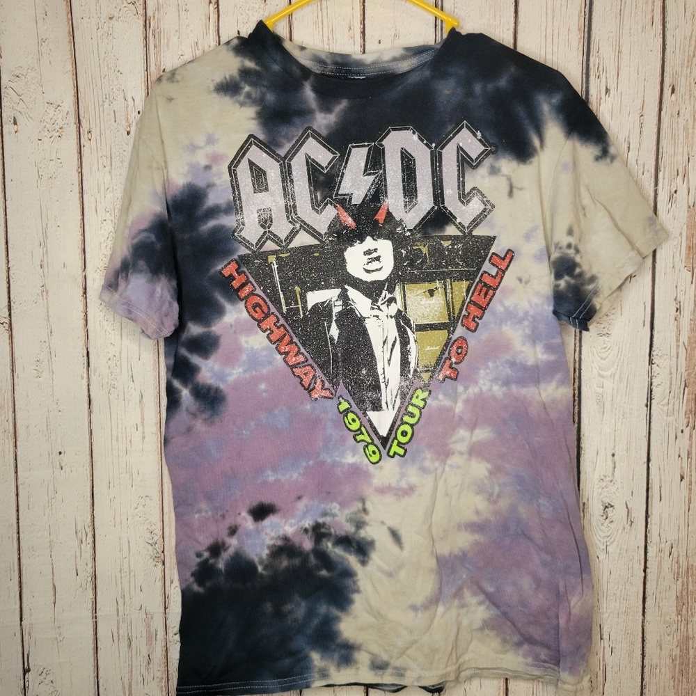 ACDC Highway To Hell Purple Black Gray Tie Dye T-Shirt Women Sz M Concert Remake